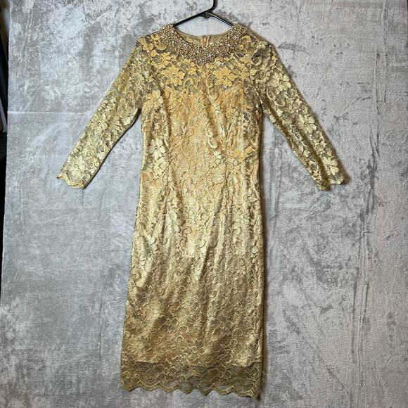 Teri Jon by Rickie Freeman Gold‎ Bead-Embellished Lace Dress size 6 Women's - Picture 1 of 9